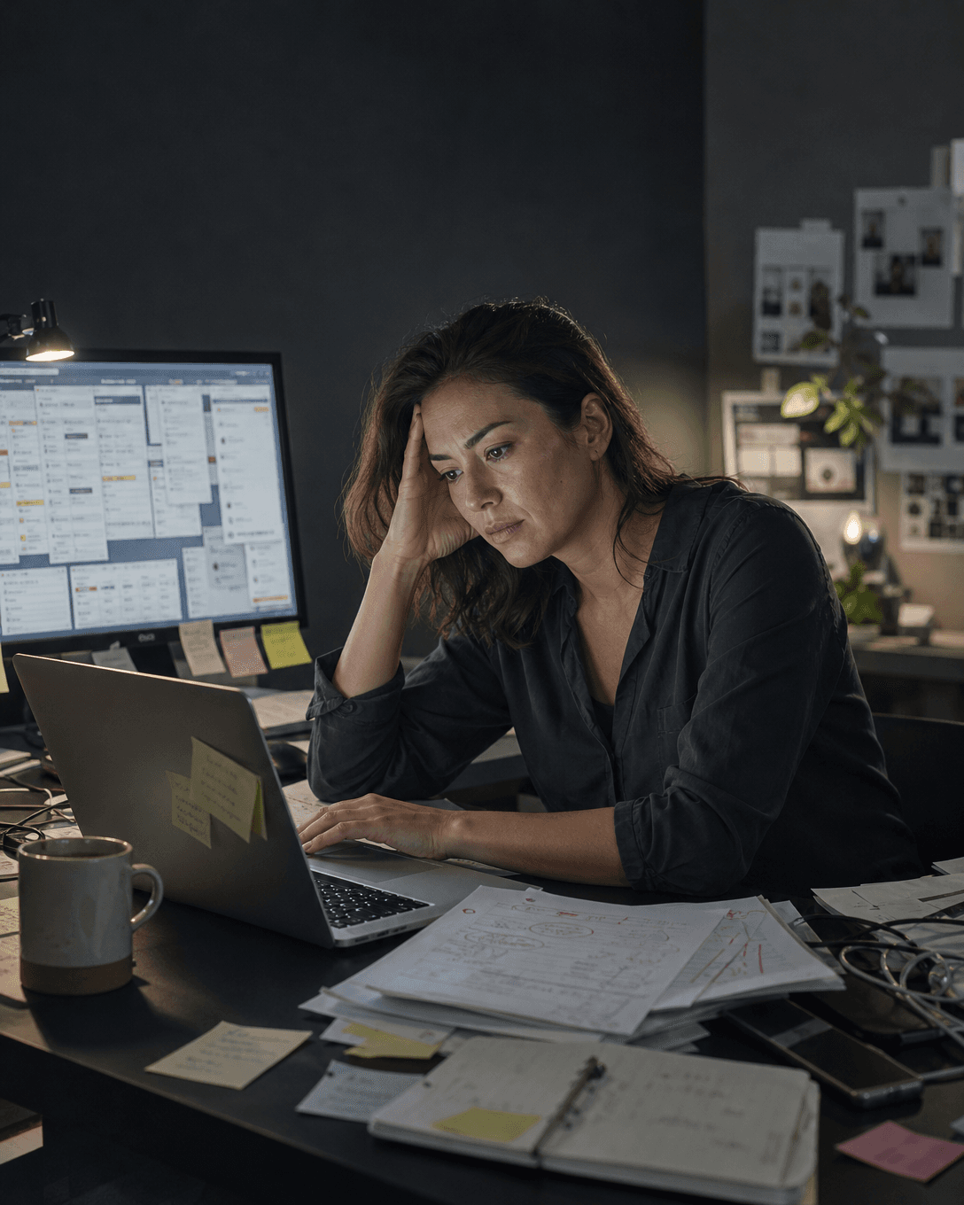Illustrative workplace scene: a frustrated creative professional rests one hand against her temple at a desk crowded with marked-up printouts, notes and overlapping administrative windows.