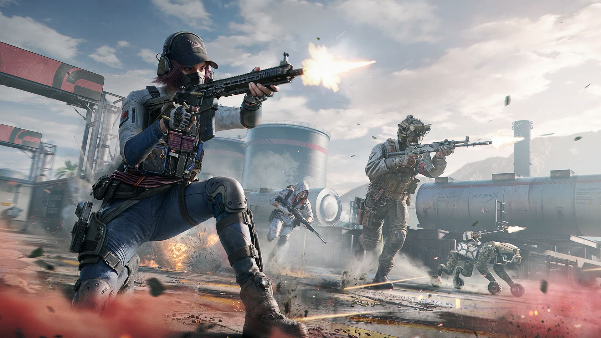 Official ECC: REDLINE promotional game imagery showing tactical competitors in an industrial arena