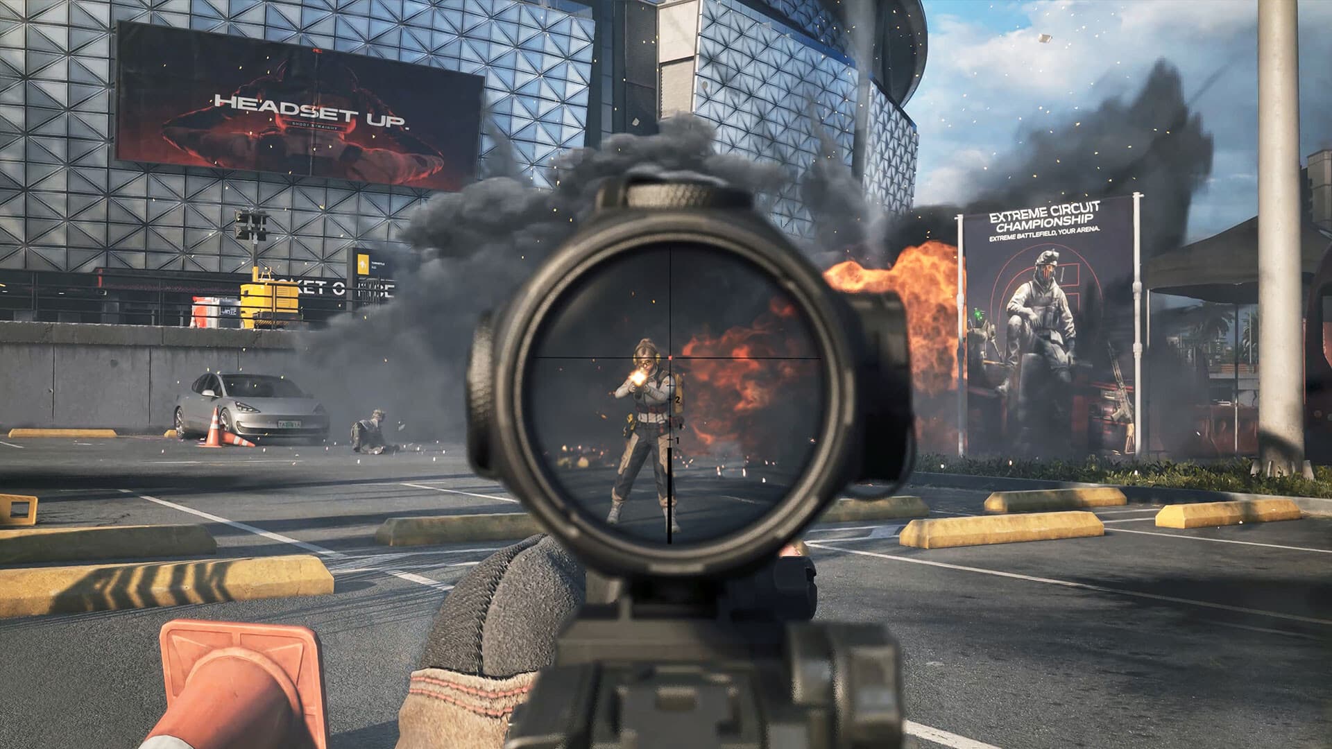 Official ECC: REDLINE first-person screenshot showing a scoped firefight in an urban competitive arena