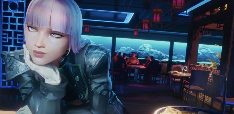 Hush, a lavender-haired VALORANT character, rests her chin on her hand in a neon-lit restaurant. Still from the official Hush agent trailer at approximately 0:32. Image: Riot Games.