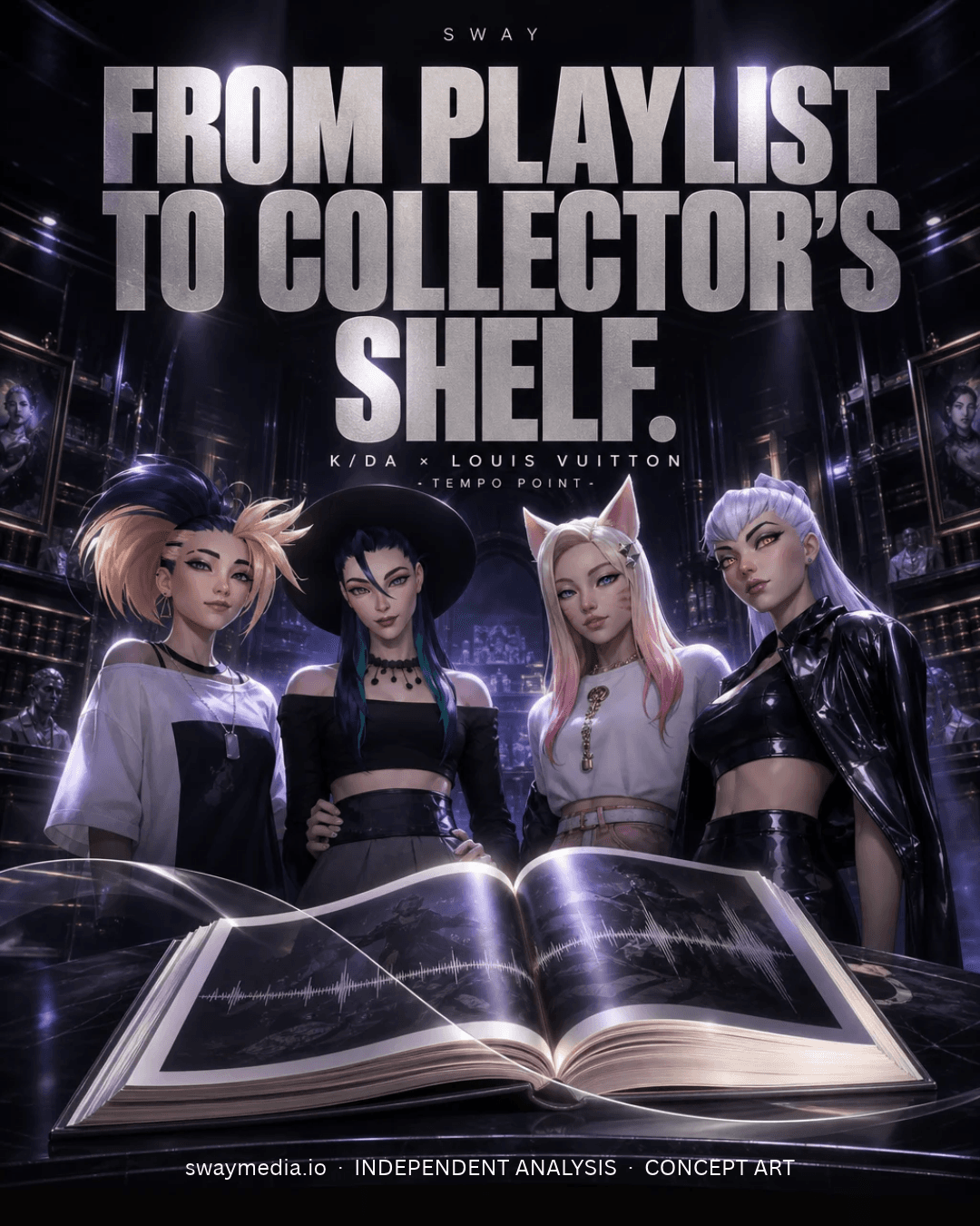 From playlist to collector’s shelf. Independent SWAY AI concept art shows four K/DA-inspired characters behind a symbolic open book with a soundwave and glass ribbon. Not official Louis Vuitton or Riot artwork or the actual Tempo Point book.