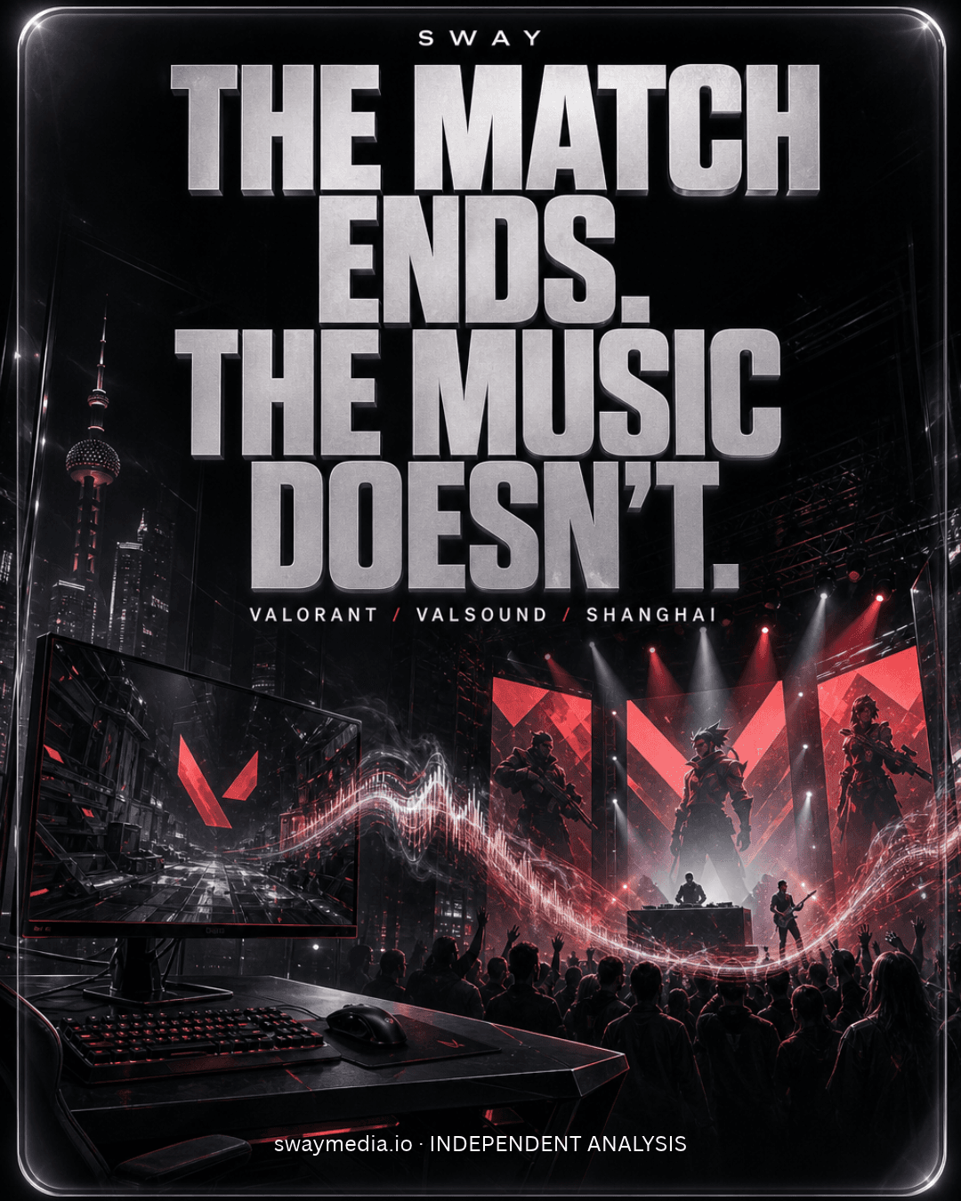The match ends. The music doesn’t. SWAY editorial illustration connects a gaming monitor to an imagined red-lit music venue. VALORANT, VALSOUND, Shanghai. Not an actual event photograph.