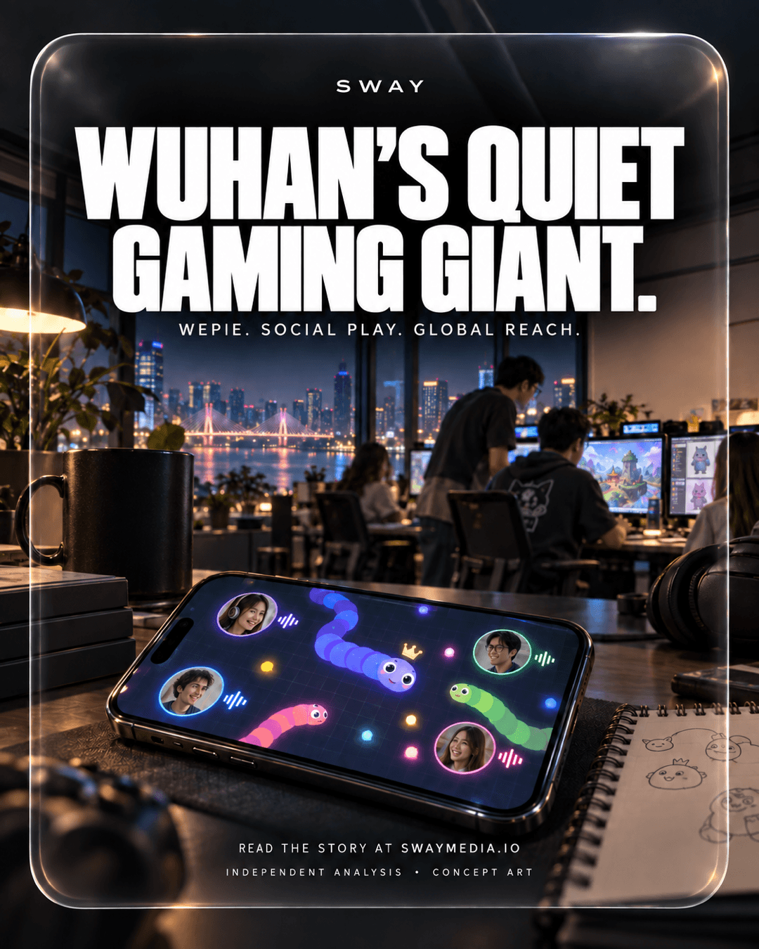 Wuhan’s quiet gaming giant: SWAY editorial concept showing a game studio and a symbolic social snake game on a smartphone